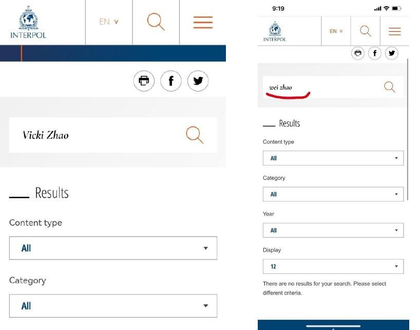 Dân mạng tìm tên Triệu Vy trên trang web của Interpol nhưng không có. Dân mạng tìm tên Triệu Vy trên trang web của Interpol nhưng không có.