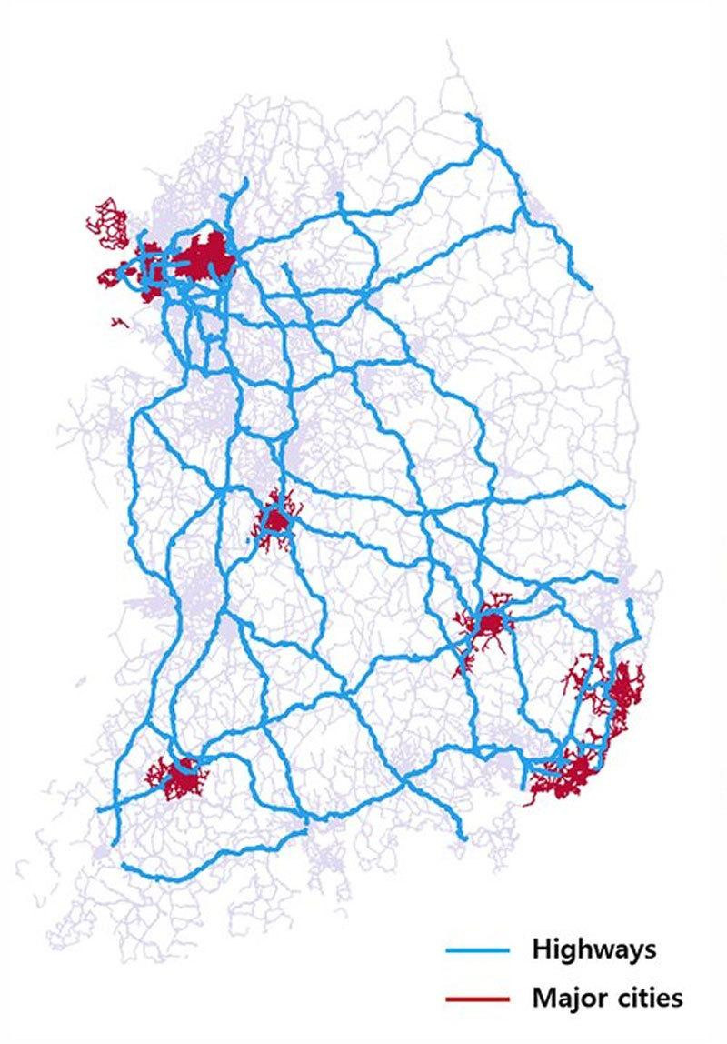 Mạng lưới các đường cao tốc của Hàn Quốc. Ảnh: ResearchGate Mạng lưới các đường cao tốc của Hàn Quốc. Ảnh: ResearchGate
