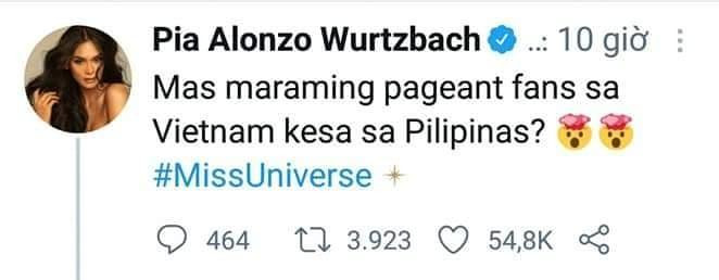 Dòng tweet gây tranh cãi của Hoa hậu Hoàn vũ 2015 Pia Wurtzbach. Dòng tweet gây tranh cãi của Hoa hậu Hoàn vũ 2015 Pia Wurtzbach.