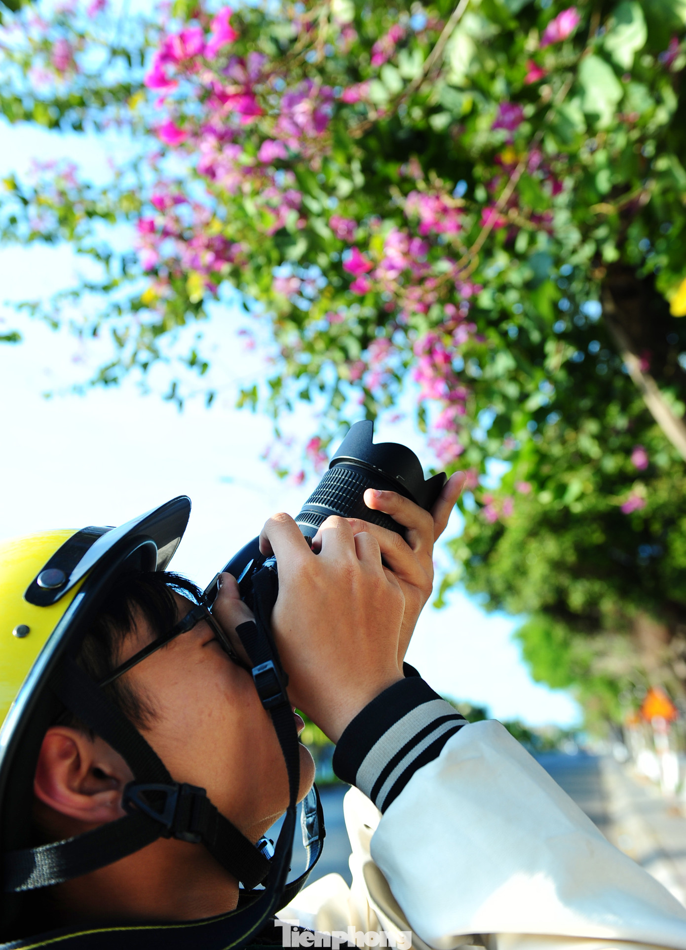 Một em học sinh mải mê chụp những bông hoa đẹp.