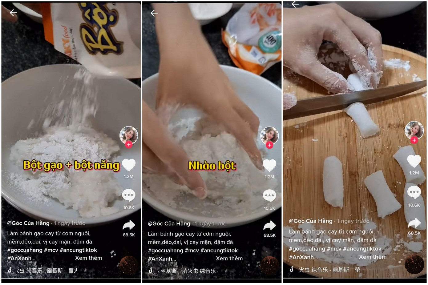 Bước 2: Tiếp tục đổ bột năng và bột gạo vào để nhào đều rồi tạo thành khối, sau đó đem khối bột vừa nặn ra cắt thành từng khúc vừa ăn. Bước 2: Tiếp tục đổ bột năng và bột gạo vào để nhào đều rồi tạo thành khối, sau đó đem khối bột vừa nặn ra cắt thành từng khúc vừa ăn.