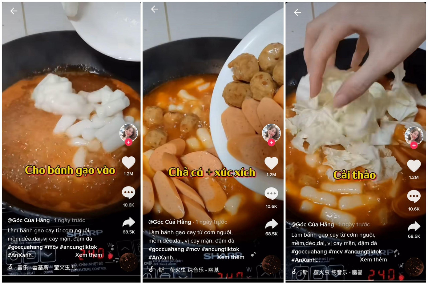 Bước 5: Cho bánh gạo vào nước sốt, cho thêm topping như chả cá, xúc xích, cải thảo, ớt... để giúp món ăn thêm vị Bước 5: Cho bánh gạo vào nước sốt, cho thêm topping như chả cá, xúc xích, cải thảo, ớt... để giúp món ăn thêm vị