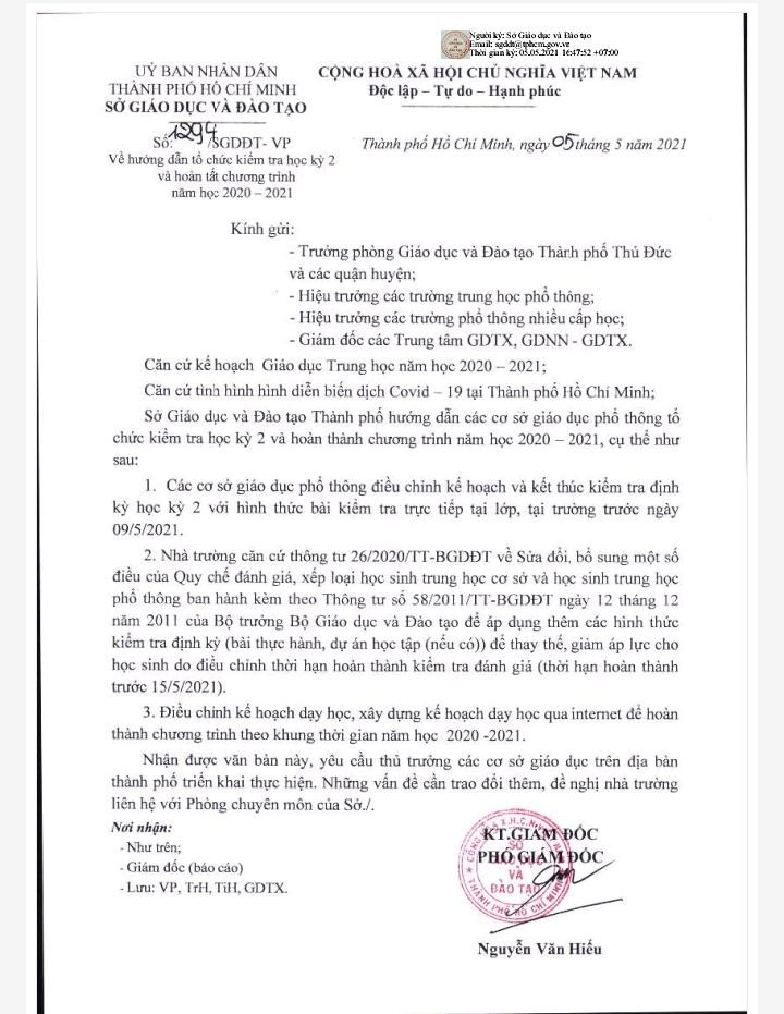 Văn bản chỉ đạo của Sở Giáo dục - Đào tạo TP.HCM vào chiều 5/5 Văn bản chỉ đạo của Sở Giáo dục - Đào tạo TP.HCM vào chiều 5/5
