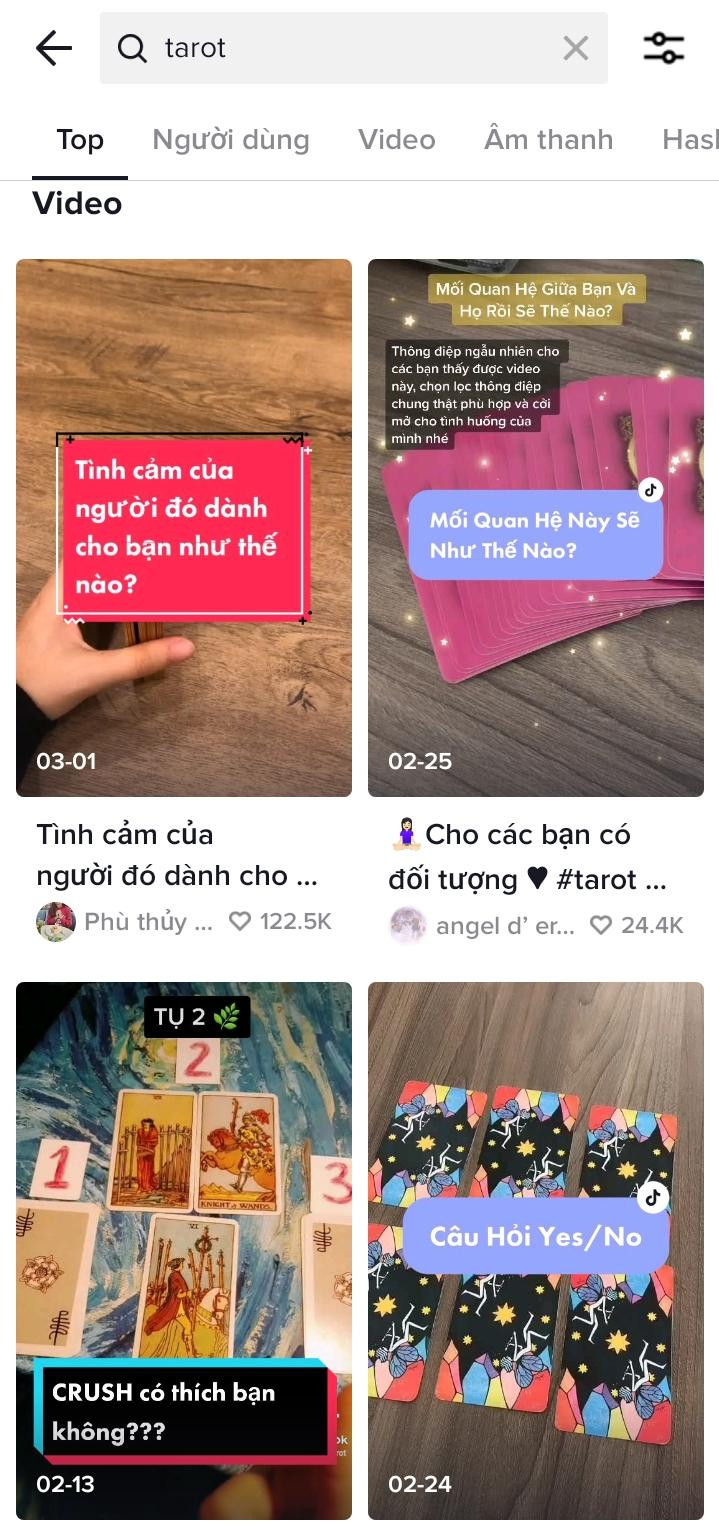Khi tìm kiếm từ khóa “Tarot” trên TikTok, các video về bói bài xuất hiện dày đặc.
