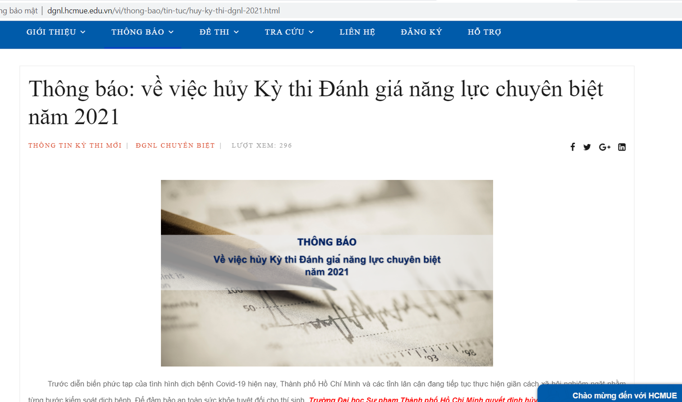 Thông báo hủy kỳ thi trên website của trường.