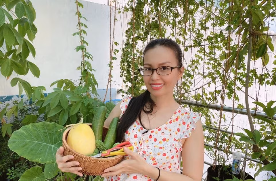 Cẩm Ly thu hoạch rau sân thượng.
