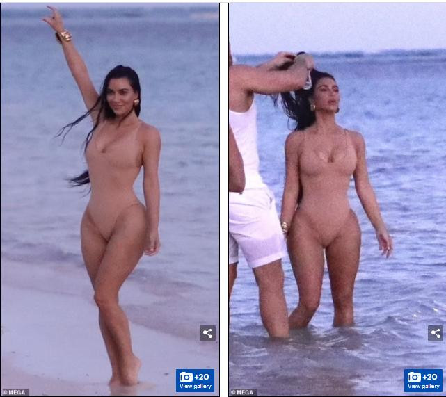 Kim Kardashian đang ở vùng biển Caribe và liên tục làm mẫu chụp ảnh quảng cáo cho dòng nội y định SKIMs của mình.