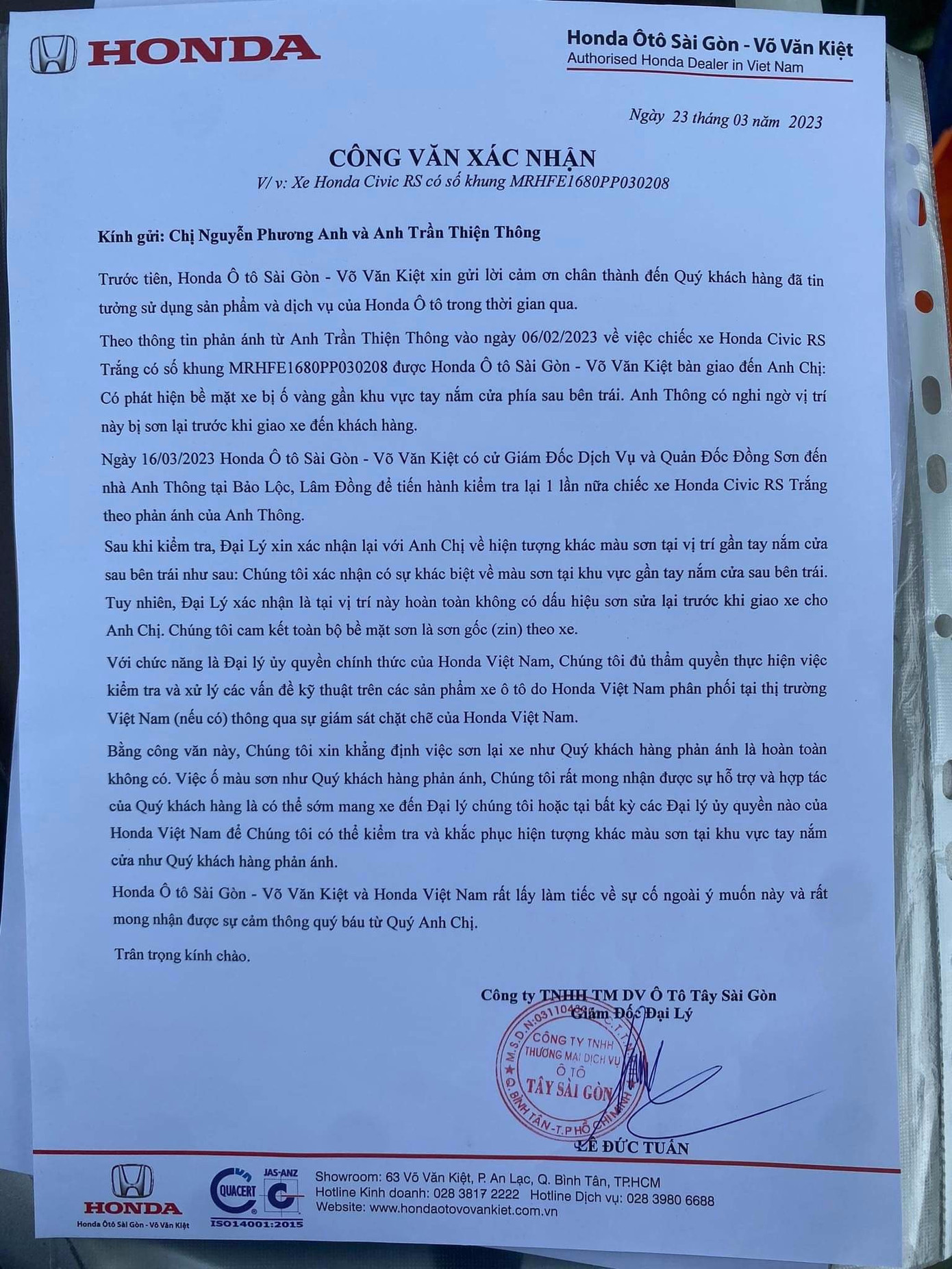 Lời khẳng định của đại lý Honda Phước Thành.