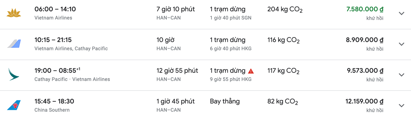du lịch, Vietjet, Bamboo ảnh 1 Giá vé từ Hà Nội đi Quảng Châu dao động từ 7,6 đến 12,2 triệu đồng. Ảnh: Google Flight
