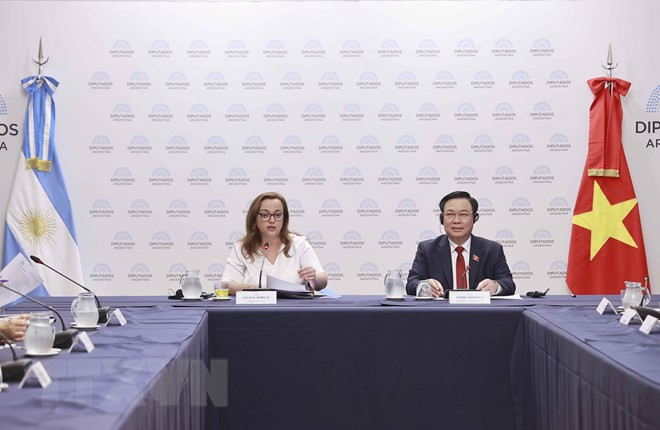 Chủ tịch Hạ viện Cộng hòa Argentina Cecilia Moreau phát biểu tại hội đàm. (Ảnh: Doãn Tấn/TTXVN).