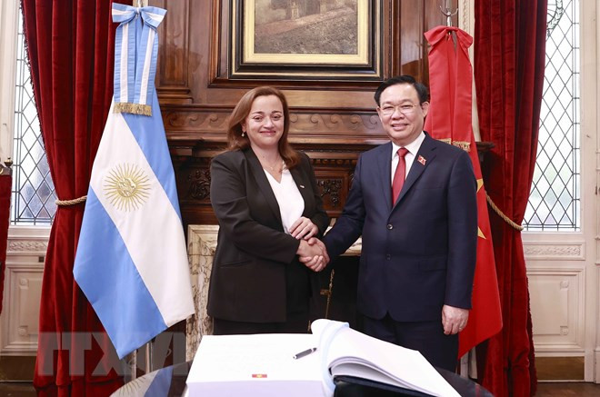 Chủ tịch Quốc hội Vương Đình Huệ và Chủ tịch Hạ viện Cộng hòa Argentina Cecilia Moreau chụp ảnh chung trước khi tiến hành hội đàm. (Ảnh: Doãn Tấn/TTXVN).