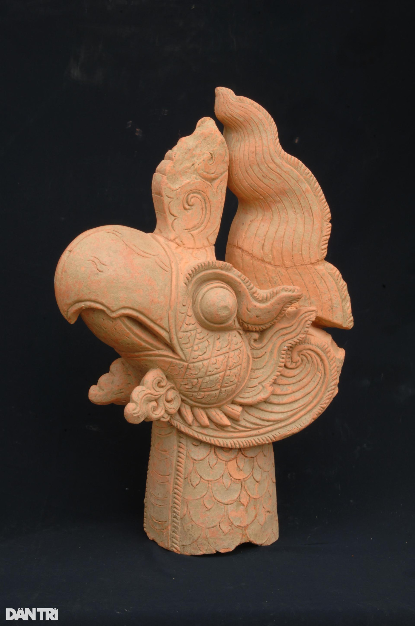 Tượng đầu chim phượng bằng đất nung có niên đại cuối thế kỷ XIV, đầu thế kỷ XV. Đầu phượng mỏ to, dài, mắt to, mỏ khoằm, mào ở trên mỏ, bờm lượn, cánh rộng, hoa văn tinh xảo, rõ nét. Tượng đầu phượng là vật liệu trang trí ở vị trí bờ nóc các cung điện (Ảnh: Trung tâm bảo tồn di sản Thành nhà Hồ).