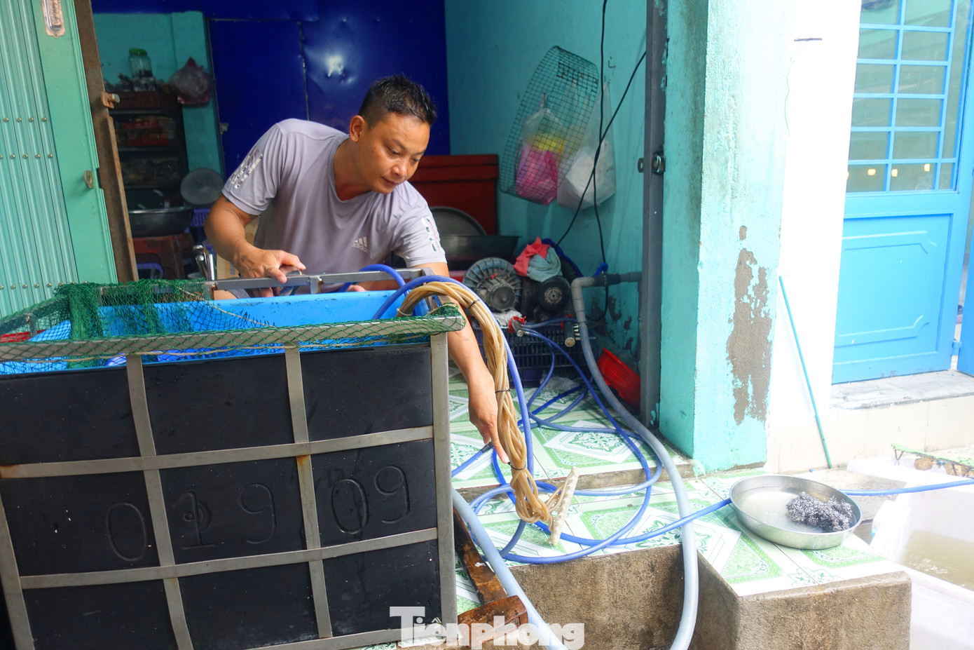 Theo các tiểu thương, chỉ riêng tháng 9 vừa qua, khu vực chợ này đã có đến hàng chục ngày bị ngập do mưa và triều cường. Trong ảnh: Tiểu thương chỉ cho PV xem vị trí mực nước cao nhất từng ghi nhận được. Ảnh: Hữu Huy