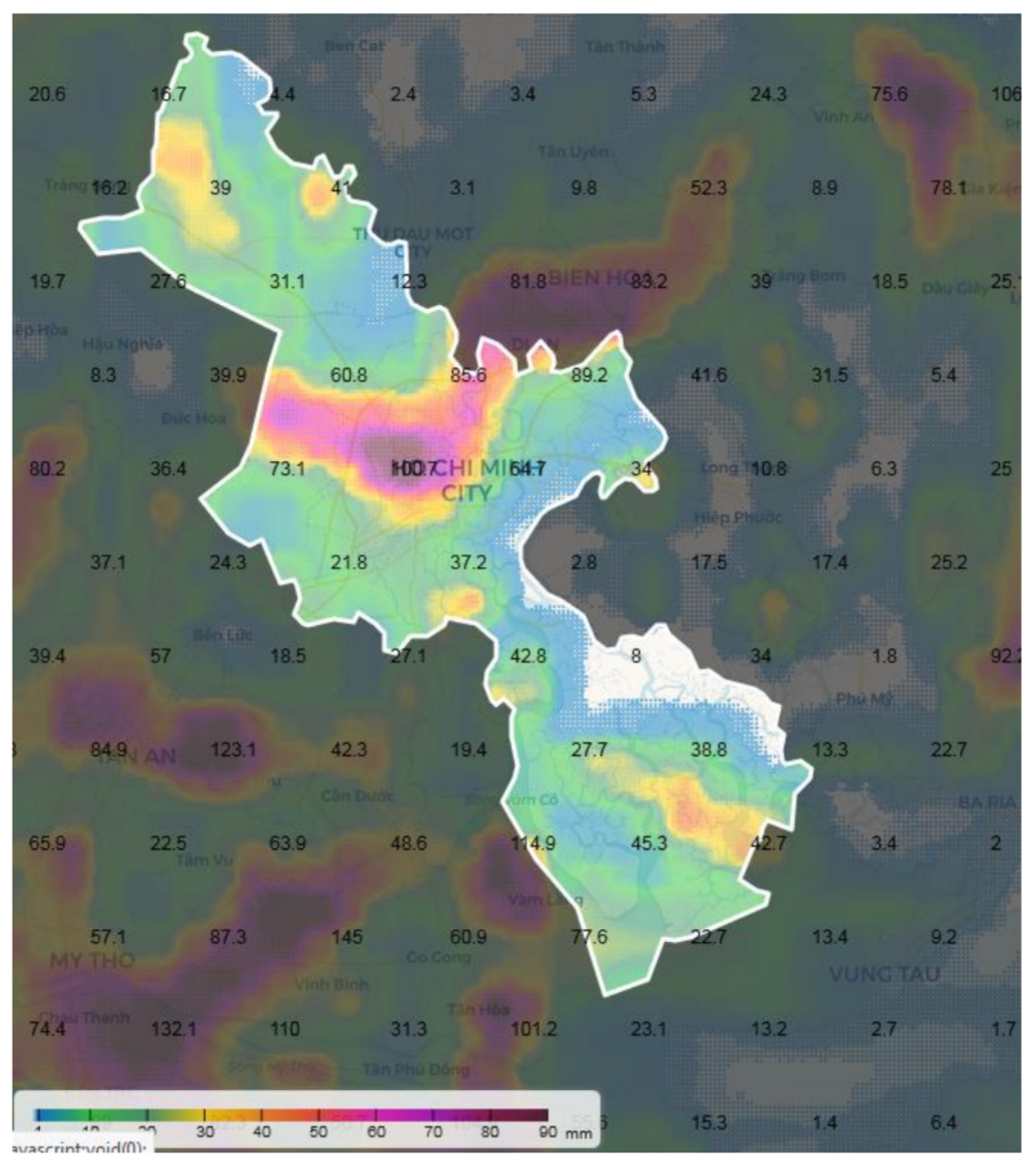 Bản đồ dự báo mưa tại TPHCM từ 1h ngày 3/10 đến 1h ngày 4/10. Nguồn: Đài Khí tượng Thủy văn khu vực Nam bộ.
