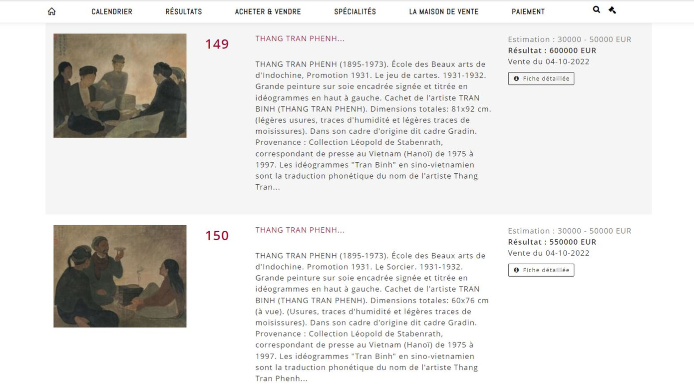 Thông tin đấu giá hai bức tranh trên trang web của của nhà Lynda Trouvé. Ảnh: CMH. Thông tin đấu giá hai bức tranh trên trang web của của nhà Lynda Trouvé. Ảnh: CMH.