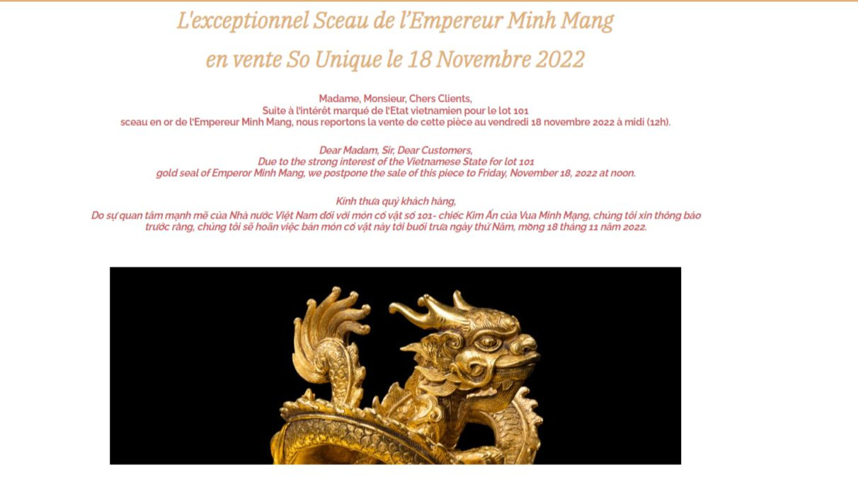 Nguyên văn thông báo dời ngày đấu giá ấn vàng Hoàng đế chi bảo của hãng Millon. Ảnh: CMH.