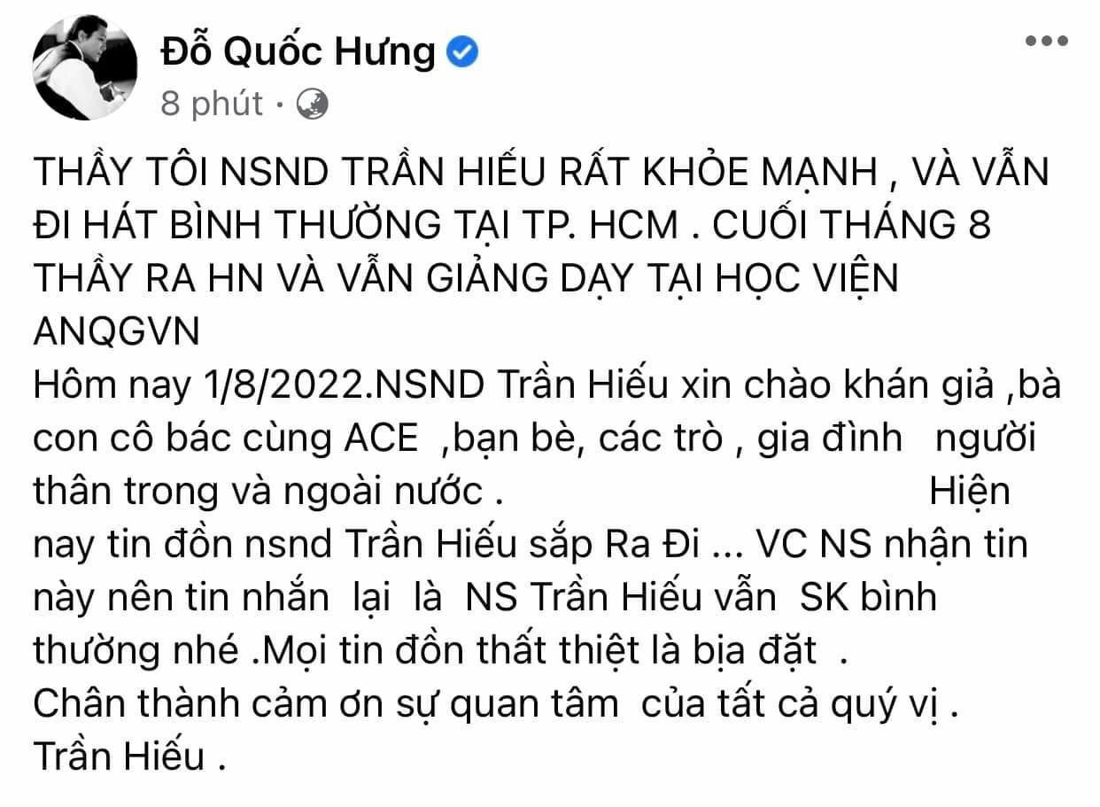 Bài đăng trên facebook cá nhân của NSND Quốc Hưng Bài đăng trên facebook cá nhân của NSND Quốc Hưng