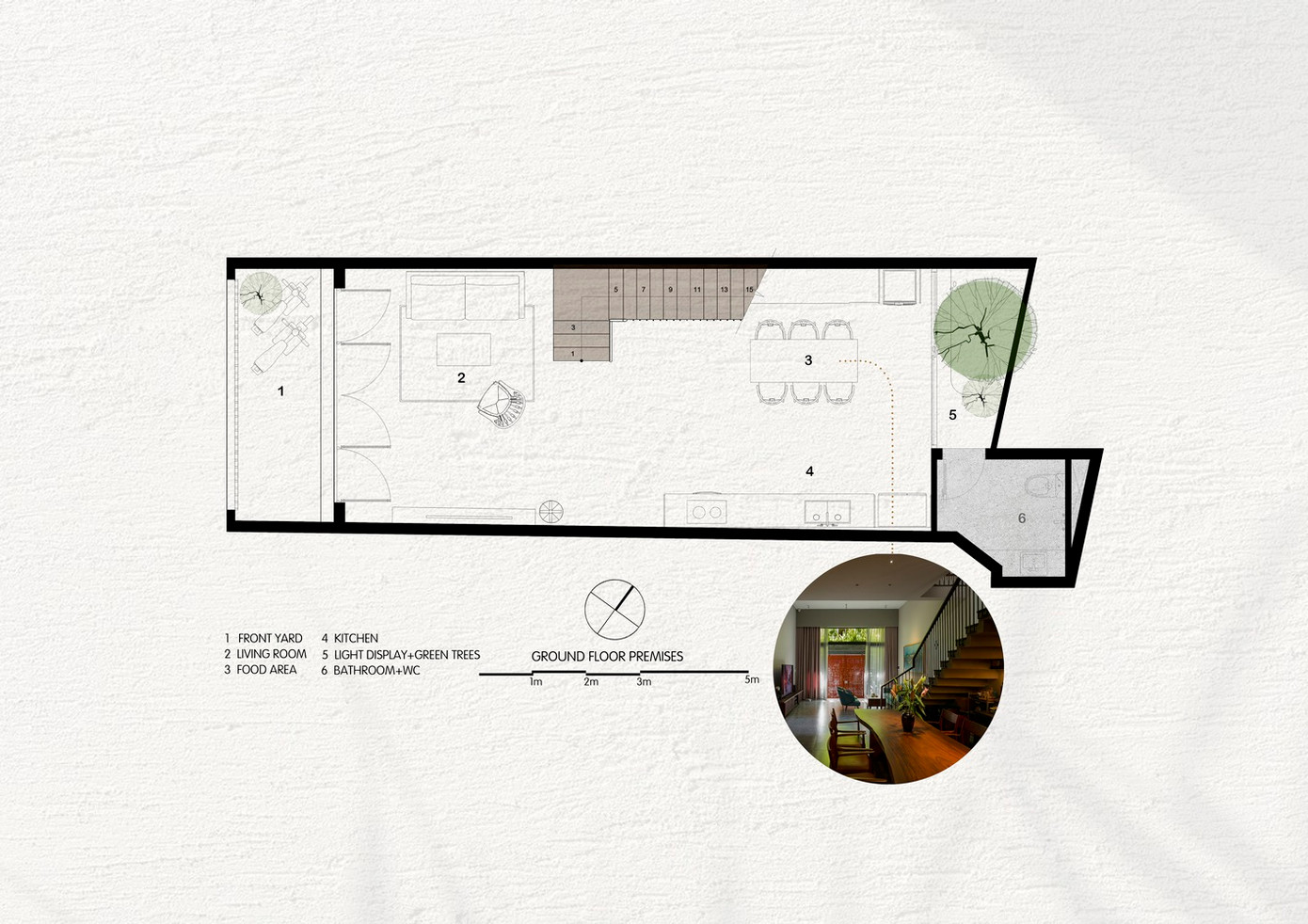 Ngôi nhà có diện tích rộng hơn so với những ngôi nhà khác trong ngõ nên người con trai muốn phân bố cấu trúc không gian trong nhà hướng tới sự đơn giản nhất, diện tích vừa đủ cho không gian sử dụng, còn lại là các khoảng trống thông nhau, ánh sáng, gió đối lưu, cây xanh.