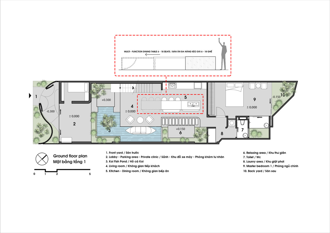 Nhận thấy nhu cầu của gia chủ về một diện tích lớn phục vụ sở thích trồng trọt và nuôi cá trong một không gian hạn chế, kiến trúc sư đã kết hợp các khu vực này để tạo thành một không gian chung. Nhận thấy nhu cầu của gia chủ về một diện tích lớn phục vụ sở thích trồng trọt và nuôi cá trong một không gian hạn chế, kiến trúc sư đã kết hợp các khu vực này để tạo thành một không gian chung.