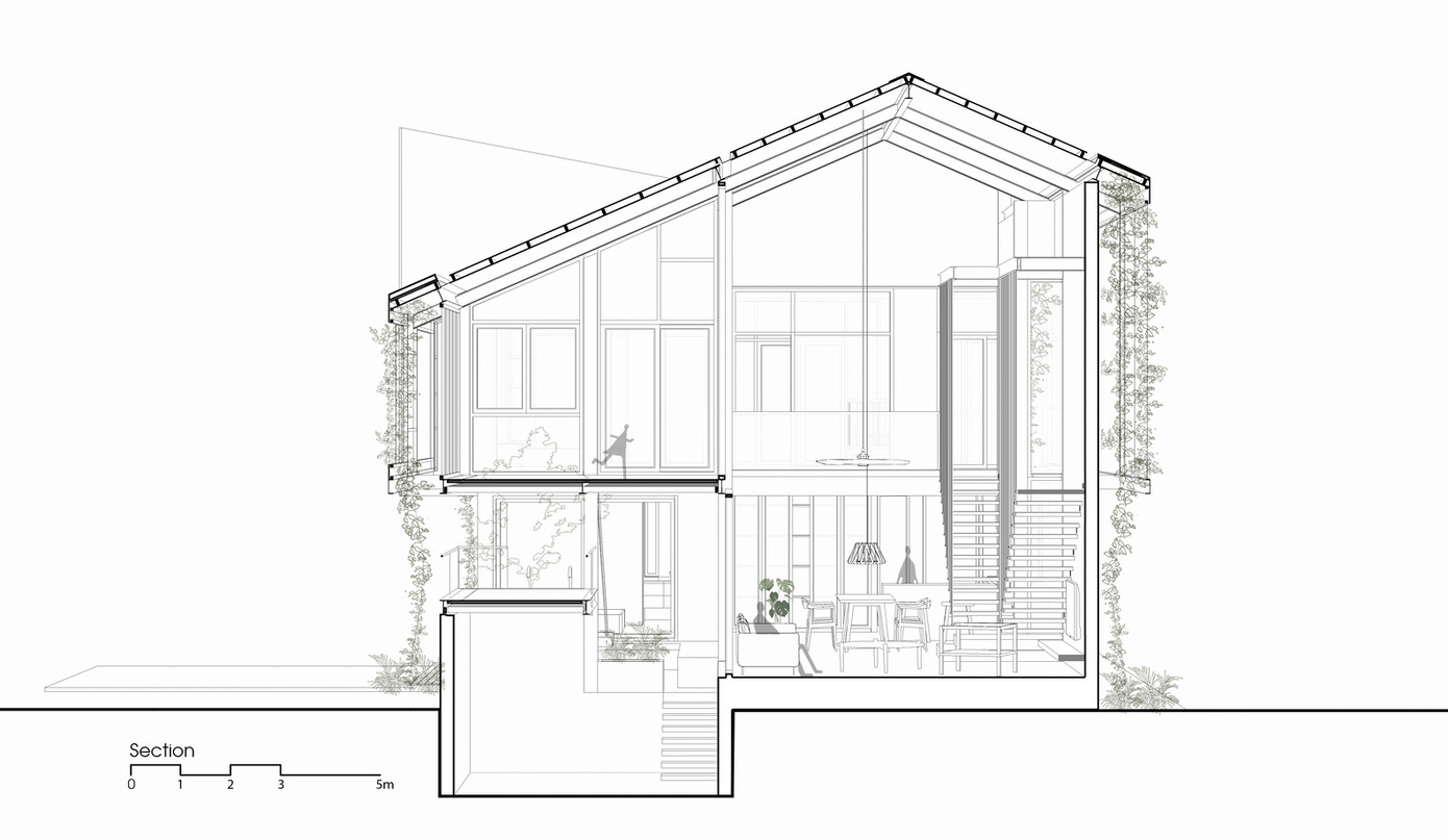 Ngôi nhà này có độ dốc thấp dần và được bao quanh bởi những khu vườn cây xanh, được thiết kế với hai tầng trên điểm cao nhất của khu đất, mang đến tầm nhìn ngoạn mục ra các sườn đồi xung quanh.
