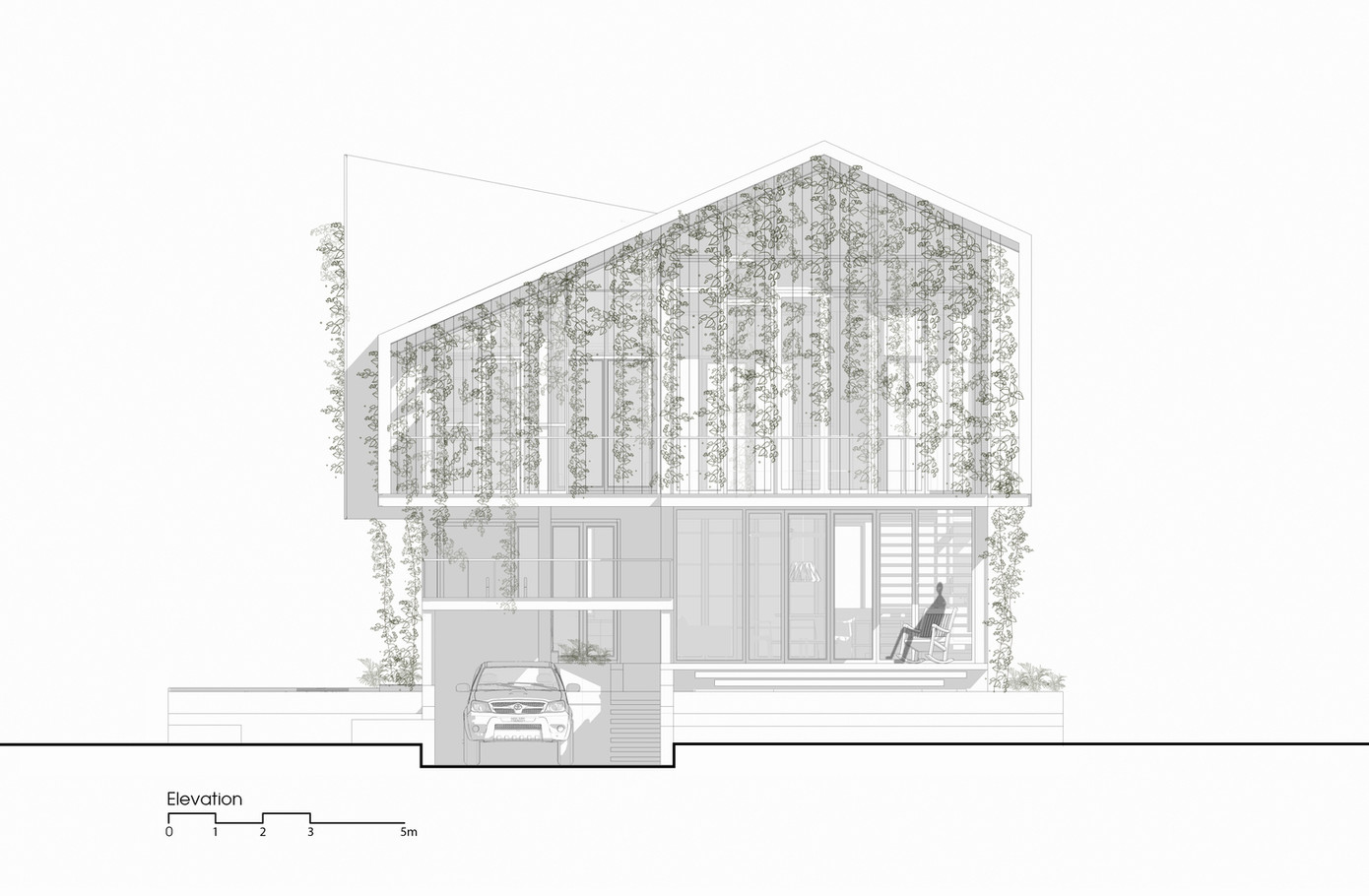 Ngôi nhà này có độ dốc thấp dần và được bao quanh bởi những khu vườn cây xanh, được thiết kế với hai tầng trên điểm cao nhất của khu đất, mang đến tầm nhìn ngoạn mục ra các sườn đồi xung quanh.