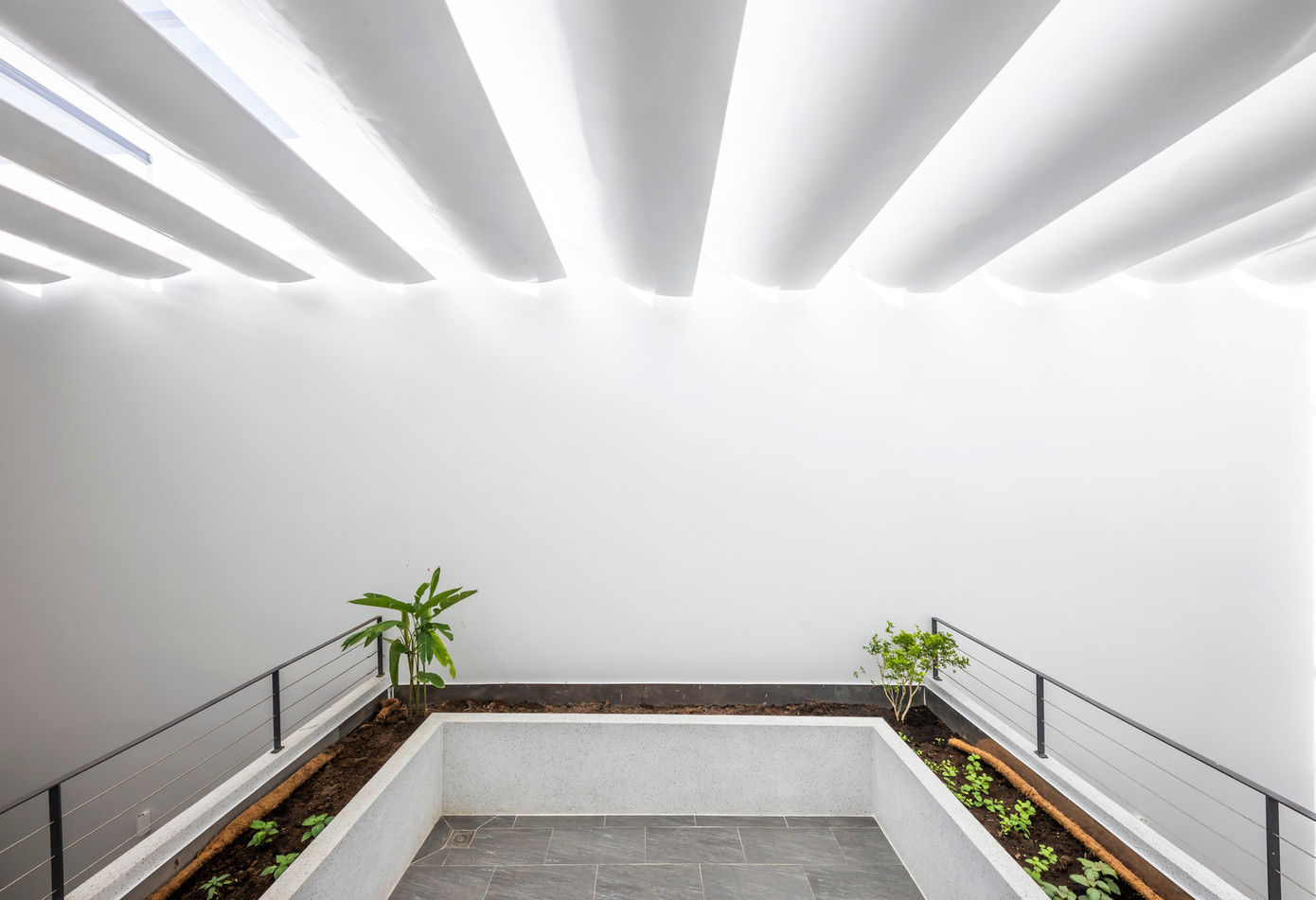 Khi mặt trời đi ngang qua, ánh sáng chiếu xuống tạo nên nhịp điệu sáng tối bên trong ngôi nhà.