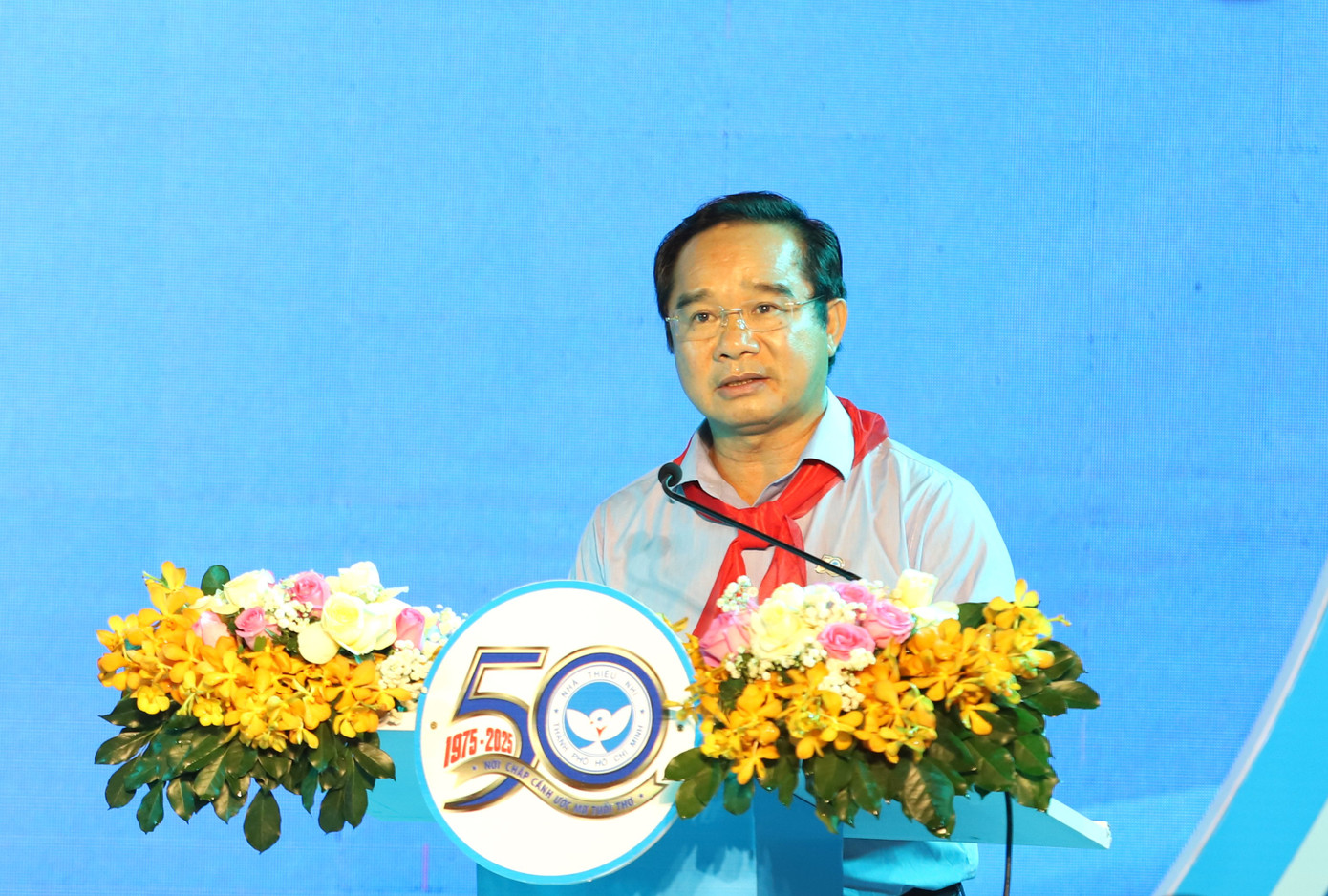 Chủ tịch UBND TPHCM Nguyễn Văn Được phát biểu ghi nhận thành quả và những đóng góp của Nhà Thiếu nhi TPHCM.