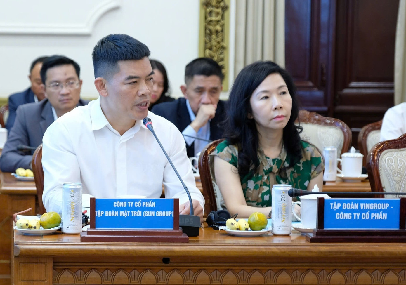 Đại diện Sun Group chia sẻ tại buổi gặp gỡ lãnh đạo TPHCM. Ảnh: Trọng Tín.