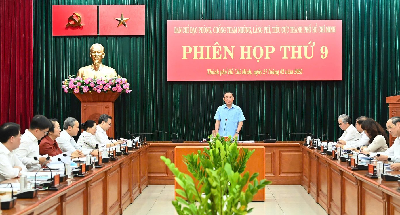Phiên họp lần thứ 9 Ban Chỉ đạo phòng, chống tham nhũng, lãng phí, tiêu cực TPHCM diễn ra sáng 27/2. Ảnh: Việt Dũng