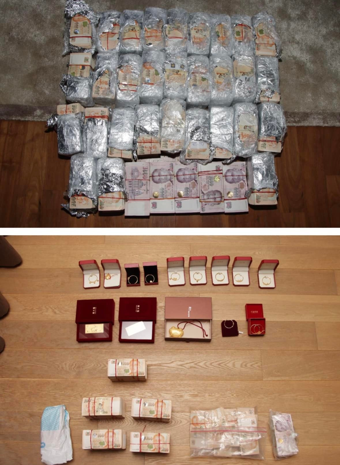 Tiền mặt và vàng khối. Ảnh: Cảnh sát Singapore