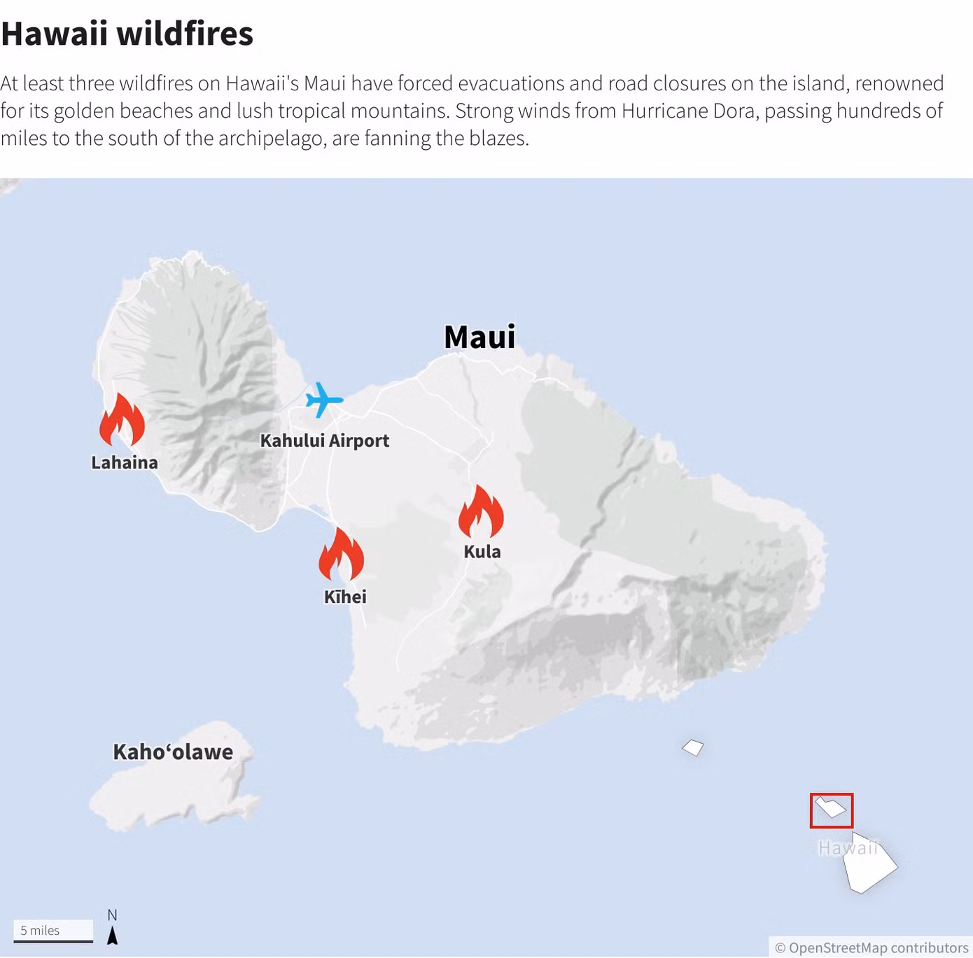 Ba đám cháy lớn trên đảo Maui. Đồ họa: Reuters