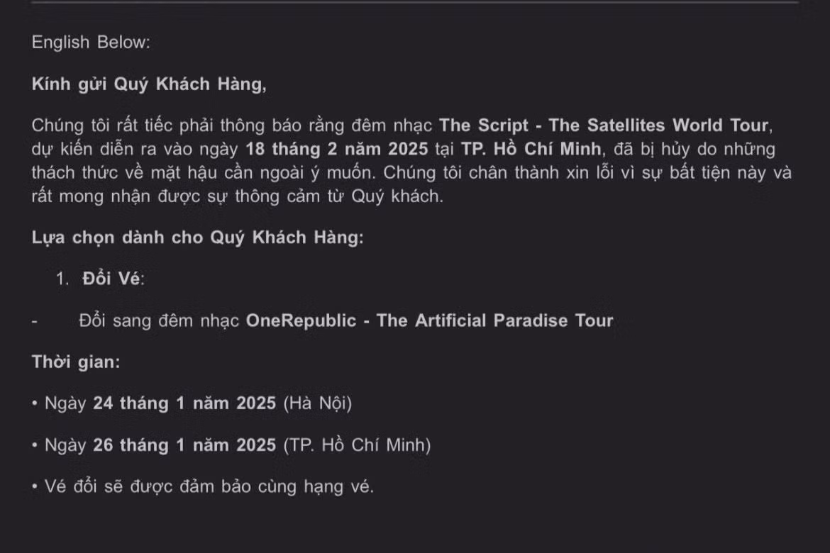 Email thông báo hủy show và chuyển đổi vé từ Midas Promotions.