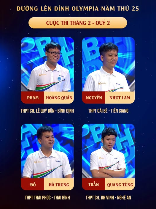 Bốn chàng trai xuất sắc nhất Tháng 2, Quý 2. Nguồn: Fanpage Đường Lên Đỉnh Olympia Bốn chàng trai xuất sắc nhất Tháng 2, Quý 2. Nguồn: Fanpage Đường Lên Đỉnh Olympia