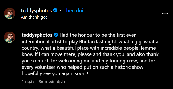 Ed Sheeran bày tỏ sự yêu quý của mình với đất nước Bhutan.