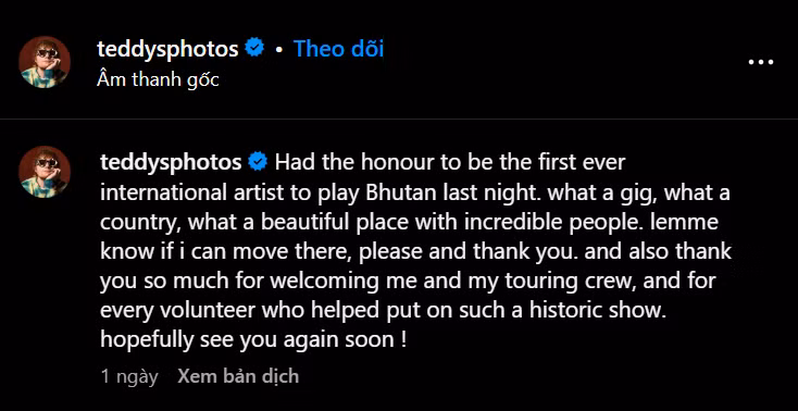 Ed Sheeran bày tỏ sự yêu quý của mình với đất nước Bhutan. Ed Sheeran bày tỏ sự yêu quý của mình với đất nước Bhutan.