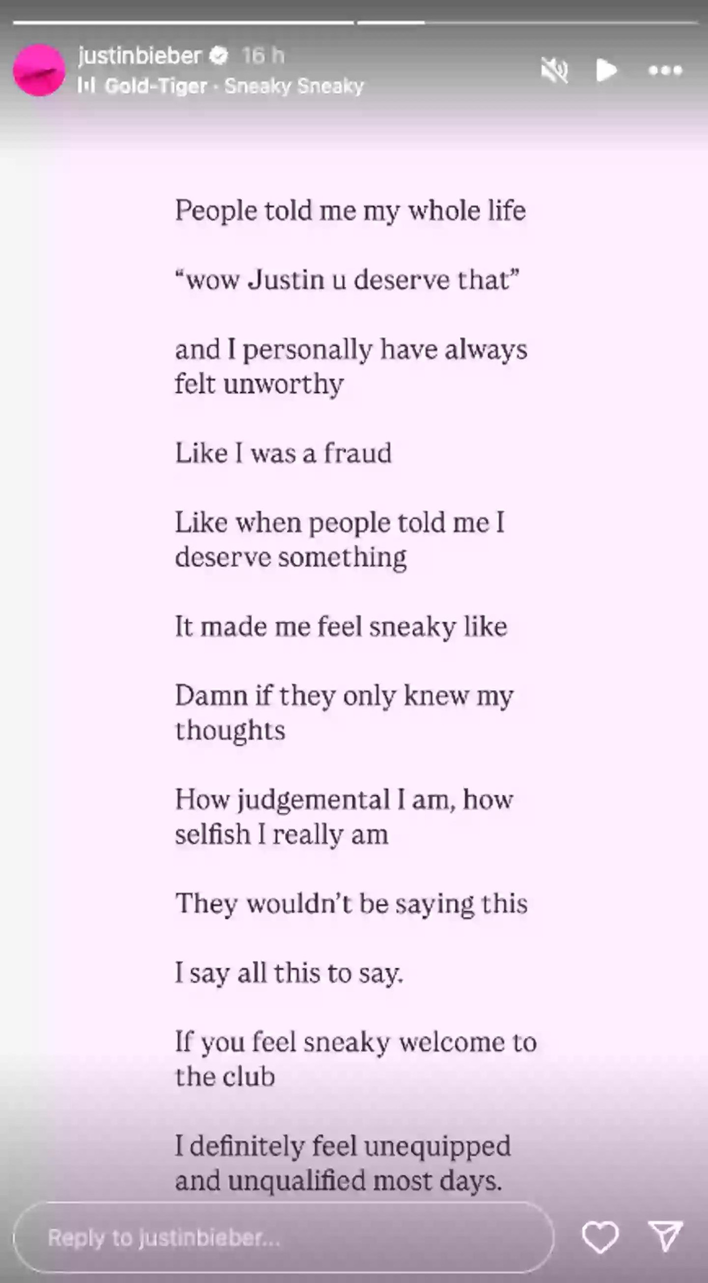 Story của Justin Bieber được đăng tải vào ngày 14/3.