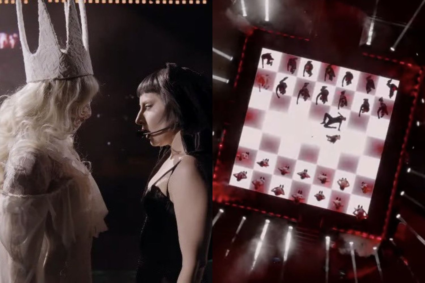 Màn trình diễn Poker Face với sân khấu bàn cờ đen trắng.