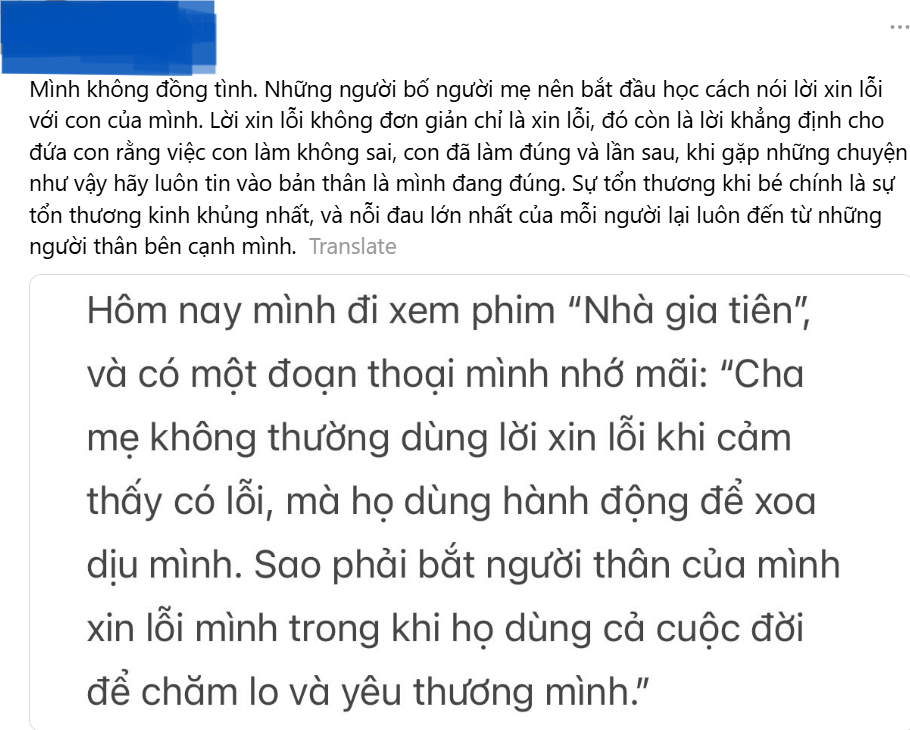 Bài đăng của một netizen phản đối về quan điểm bố mẹ không cần xin lỗi con cái. Bài đăng của một netizen phản đối về quan điểm bố mẹ không cần xin lỗi con cái.