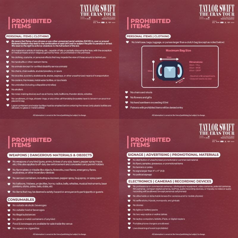 Một số quy định của sân vận động, bạn có thể tham khảo từ tour diễn của Taylor Swift.