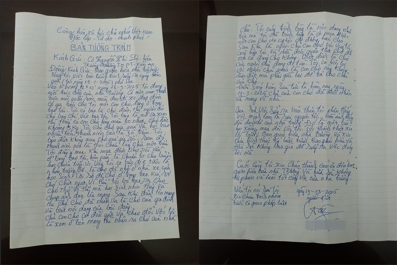 Bản tường trình của nhân viên bảo vệ về sự việc. Ảnh: Vietnamnet Bản tường trình của nhân viên bảo vệ về sự việc. Ảnh: Vietnamnet