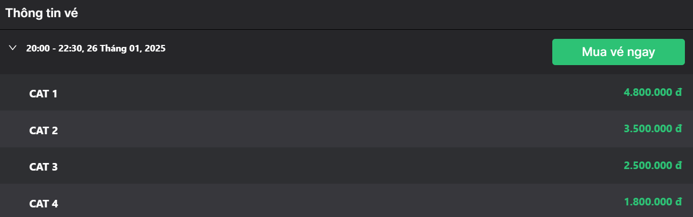 Mọi hạng mục vé tại đêm diễn OneRepublic vẫn chưa bán hết. Mọi hạng mục vé tại đêm diễn OneRepublic vẫn chưa bán hết.