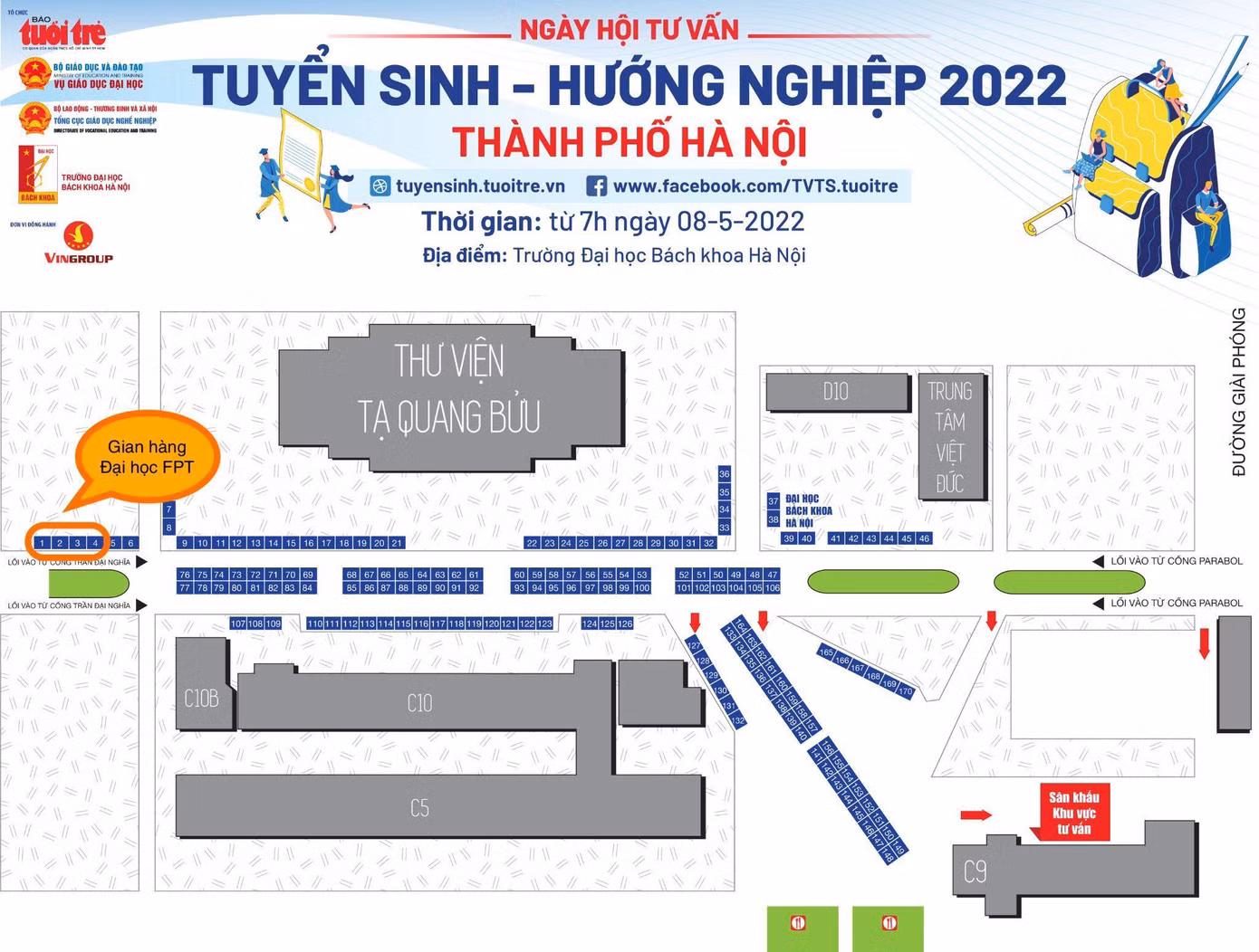 Sơ đồ gian hàng và vị trí booth tư vấn tuyển sinh của Đại học FPT Hà Nội tại Ngày hội tư vấn tuyển sinh - hướng nghiệp ngày 8/5.