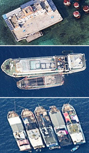 Bãi đáp trực thăng (trên cùng) và các tàu cá neo đậu ở cảng thuộc bãi cạn Mischief Reef do Trung Quốc chiếm đóng từ năm 1995