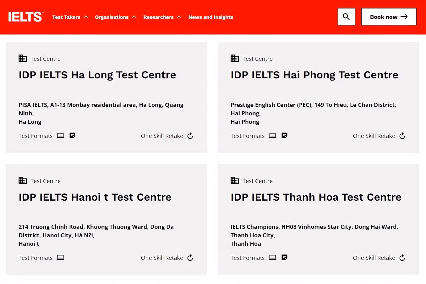 Nhiều đơn vị tổ chức thi IELTS ở khu vực phía Bắc đã hiển thị tính năng OSR.