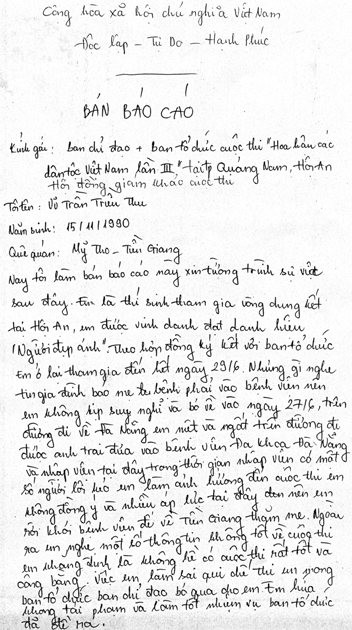 Một phần trong bản tường trình gồm hai mặt giấy, thí sinh Triều Thu cho biết cô bị một số người "lôi kéo làm xấu cuộc thi" và cung cấp cả số điện thoại của đối tượng. Một phần trong bản tường trình gồm hai mặt giấy, thí sinh Triều Thu cho biết cô bị một số người