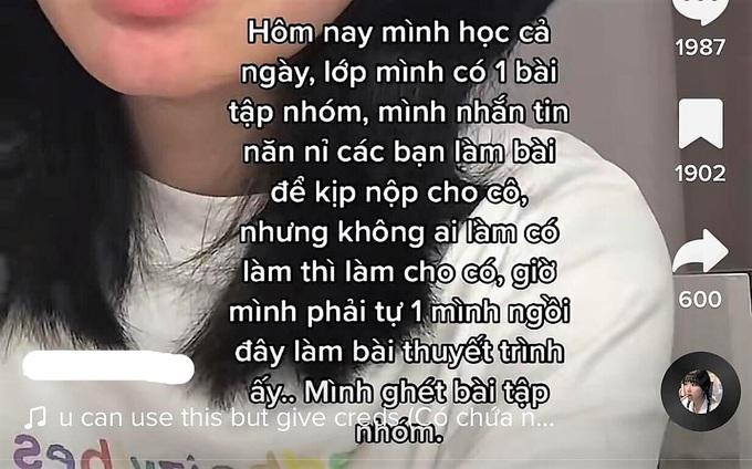 Clip Ngọc Ngân vừa khóc vừa chia sẻ sự ấm ức vì phải làm bài tập cho cả nhóm thu hút nhiều sự chú ý (Ảnh: Chụp màn hình).