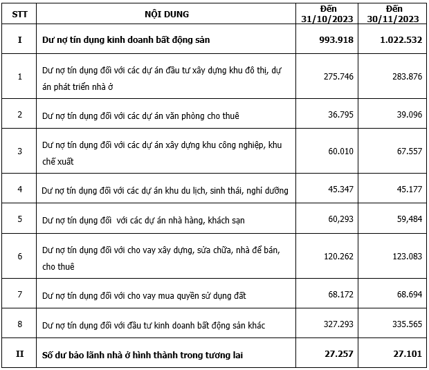 Bảng chi tiết dư nợ tín dụng bất động sản.