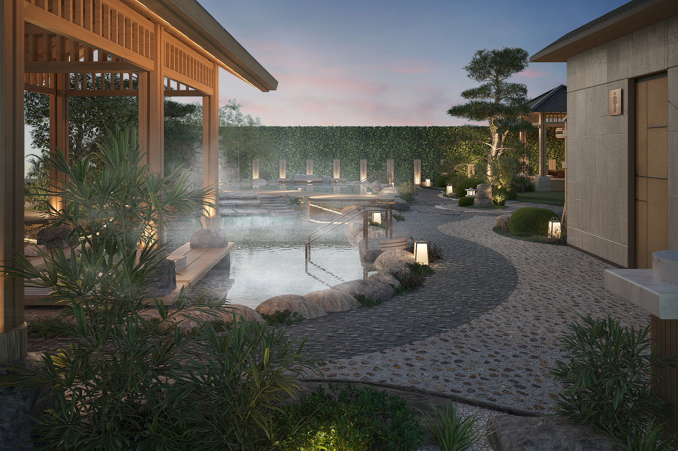 Ngâm mình trong bể đá Iwa-Buro giữa vườn Yamaki – khoảnh khắc an nhiên đích thực, nơi con người và thiên nhiên hòa làm một.