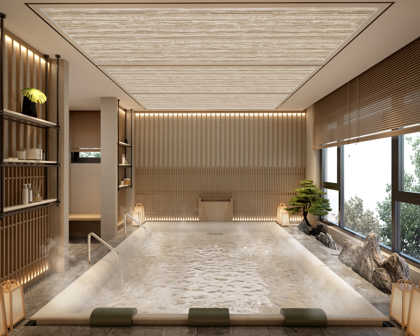 Trải nghiệm Sleeping Jet Path – bể Onsen massage toàn thân theo tư thế nằm, xoa dịu từ vai gáy đến lòng bàn chân.