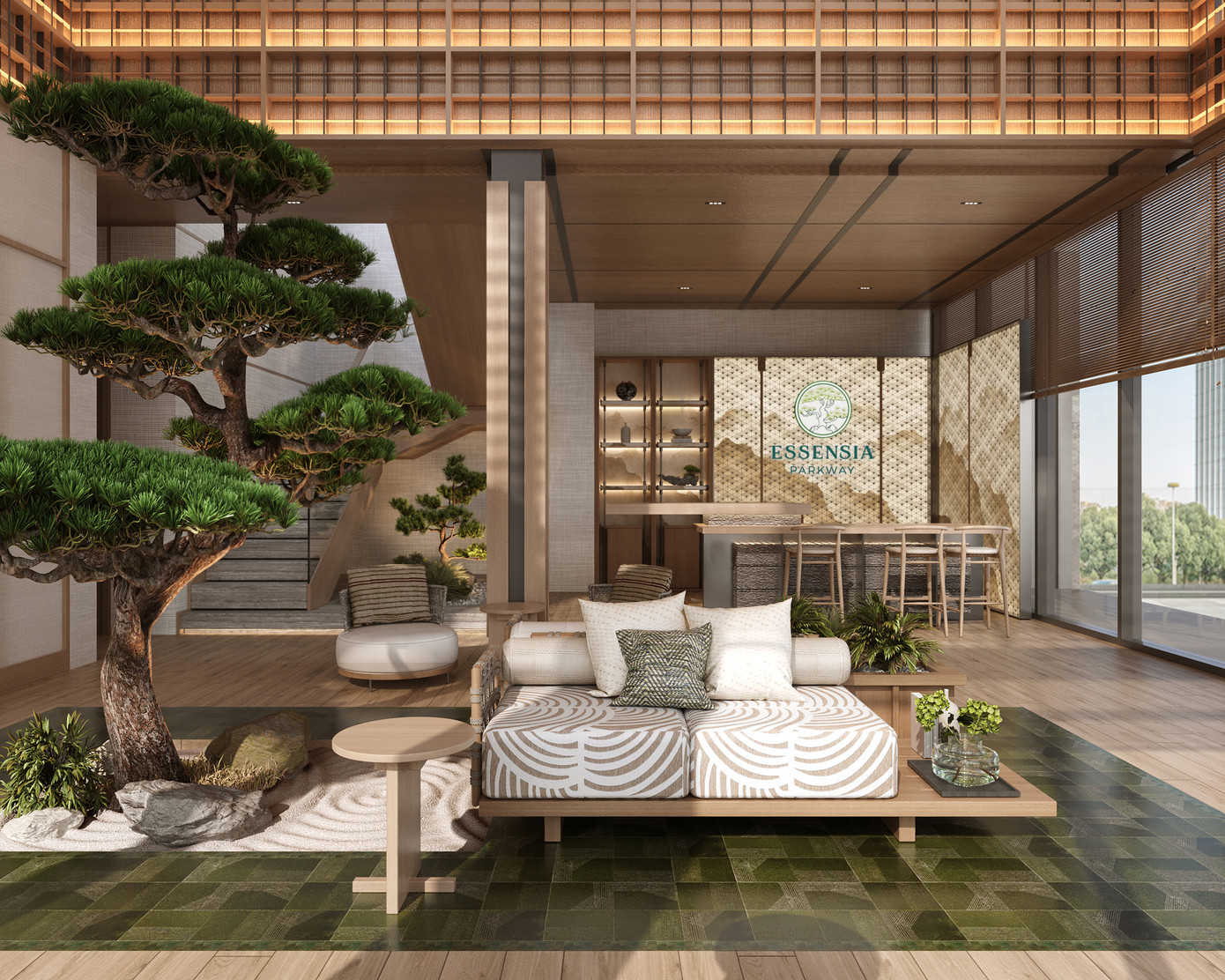 Không gian đậm phong vị Nhật Bản cùng cây thông Yamaki – nơi khởi đầu hành trình sống Onsen thanh lọc và cân bằng.